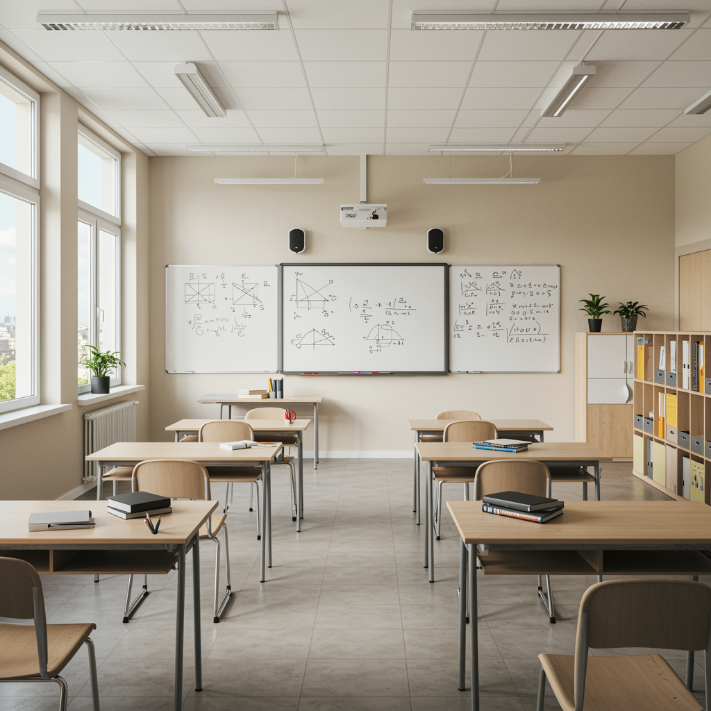 Modern educational workshop classroom setup with whiteboard showing math diagrams, neatly arranged desks, and natural lighting for a tutoring and learning services provider
