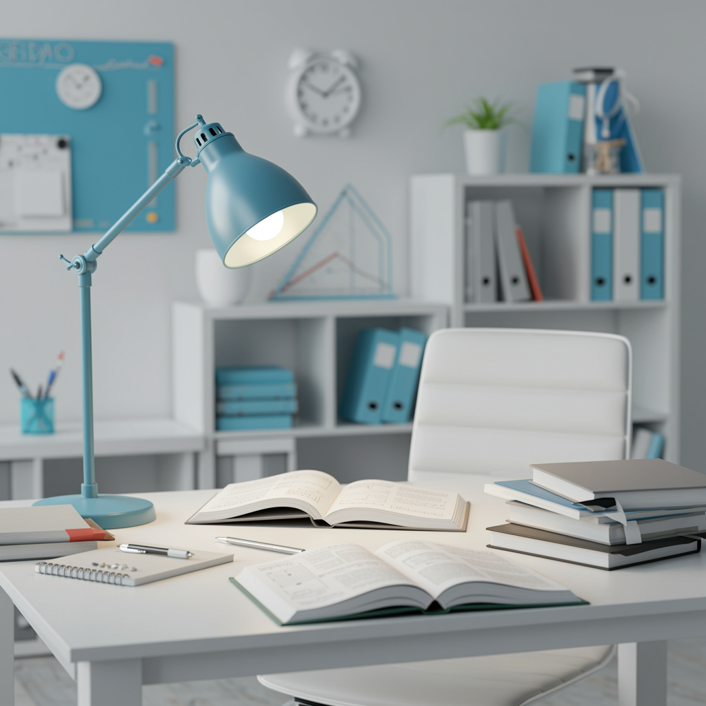well-organized homework help study space with open math books, desk, and educational materials in a modern bright environment for educational services