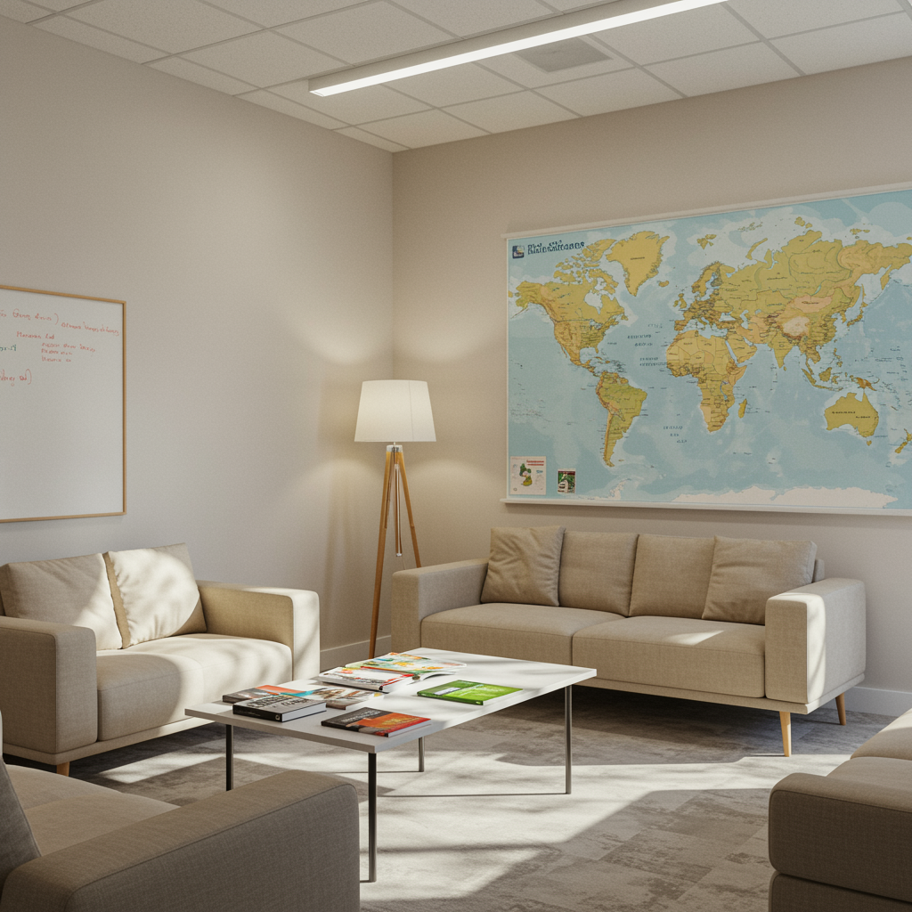 Welcoming language learning classroom with comfortable seating, language books, and a world map in a naturally lit modern educational setting