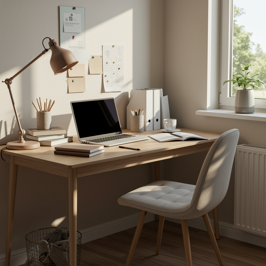 Inviting online learning workspace with laptop and study materials in a modern, sunlit home office for educational services