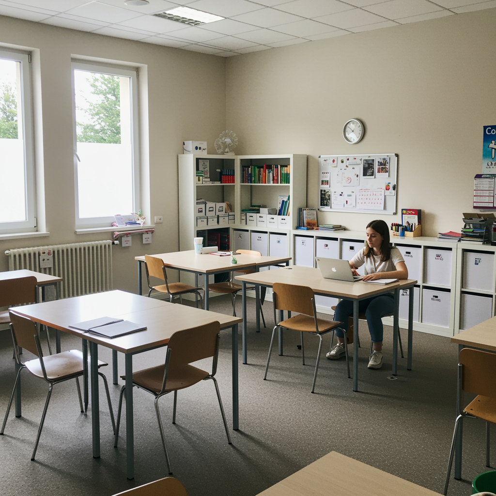 Calm, organized tutoring room with bright lighting and accessible educational materials, representing inclusive special education support