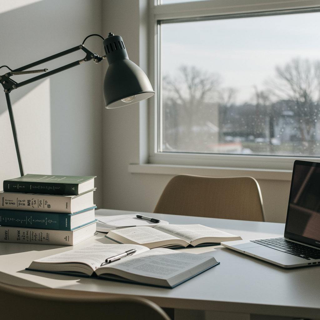 Modern study area prepared for math test preparation with textbooks, organized desk, and calming natural lighting